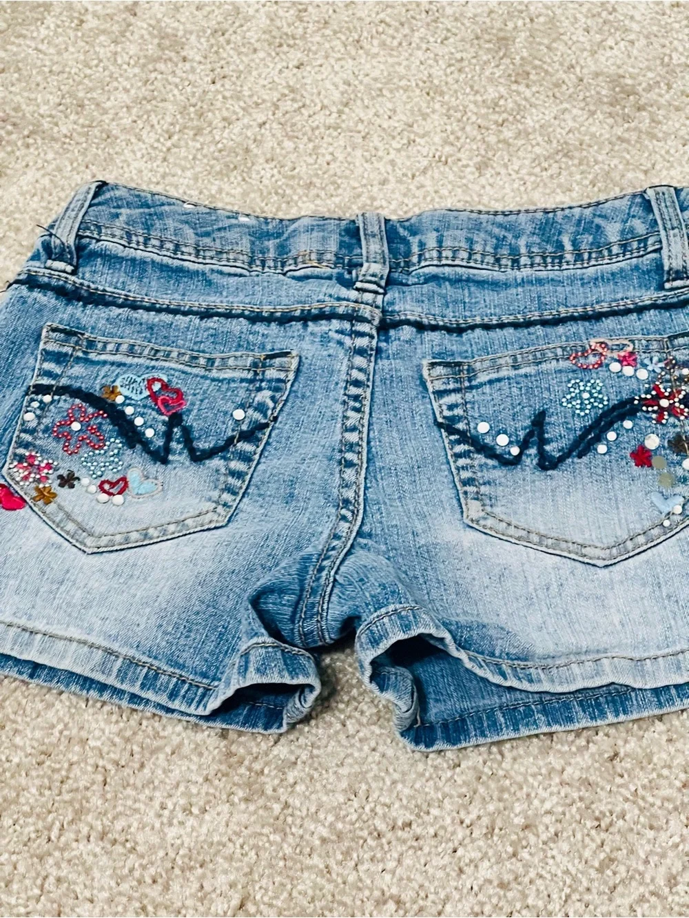 Girls' Light Blue Denim Shorts with Embroidered Hearts